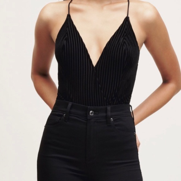 Dynamite Tops - Dynamite Black Velvet Ribbed Striped Bodysuit